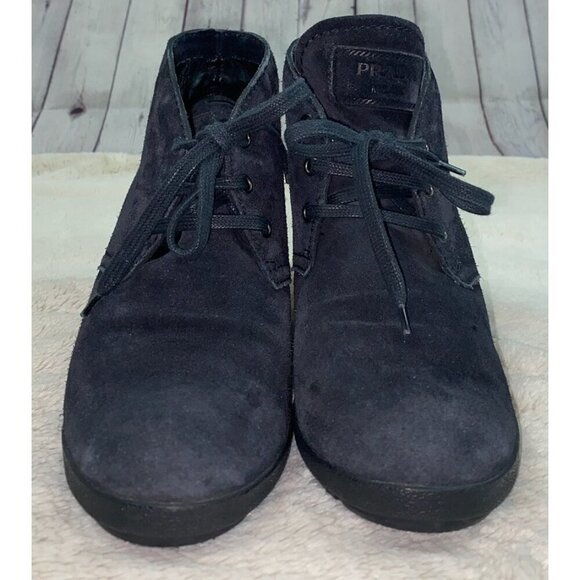 PRADA Women's Black Milano Suede Lace-Up Wedge Boots Booties Size 39/US 9 - Picture 3 of 8